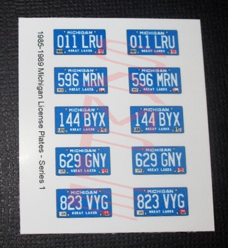 1985 - 1989 MICHIGAN miniature LICENSE PLATES for 1/25 scale MODEL CARS—PLS READ