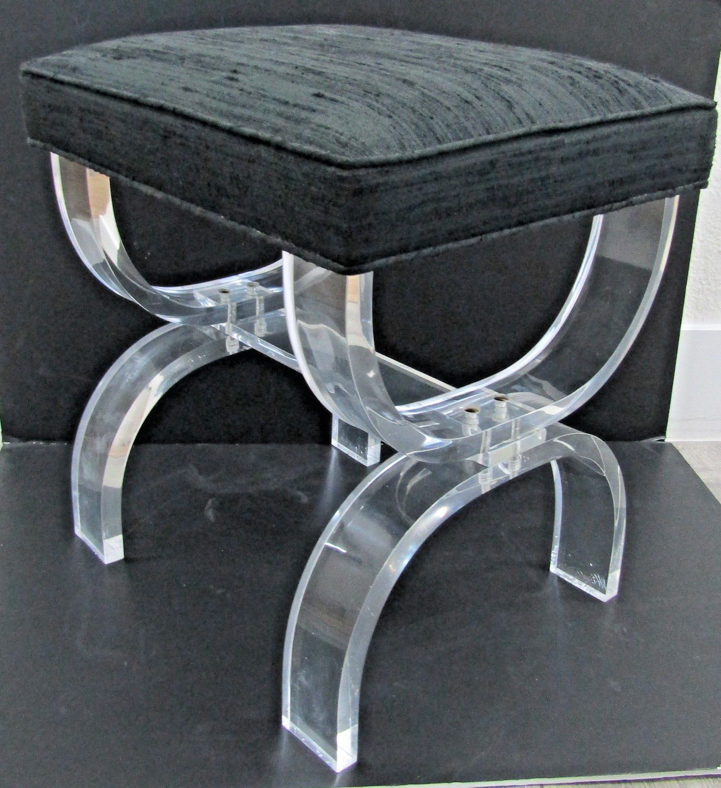 Vintage Lucite and Black Upholstery Thick Curved Legs X-Style Vanity Stool