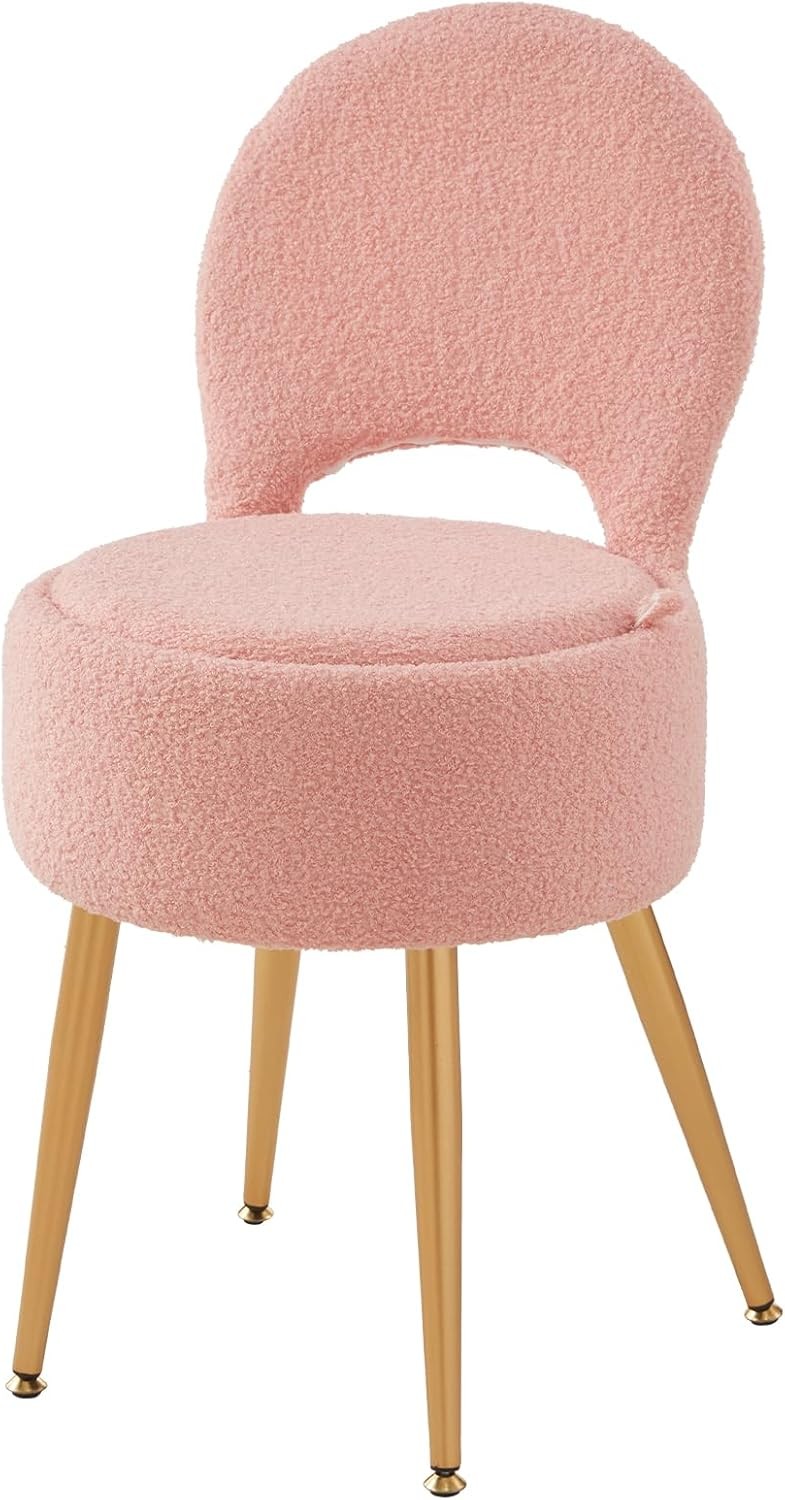 Small Vanity Stool Chair W/ Storage & Folding Back,4 Metal Legs W/ Anti-Slip