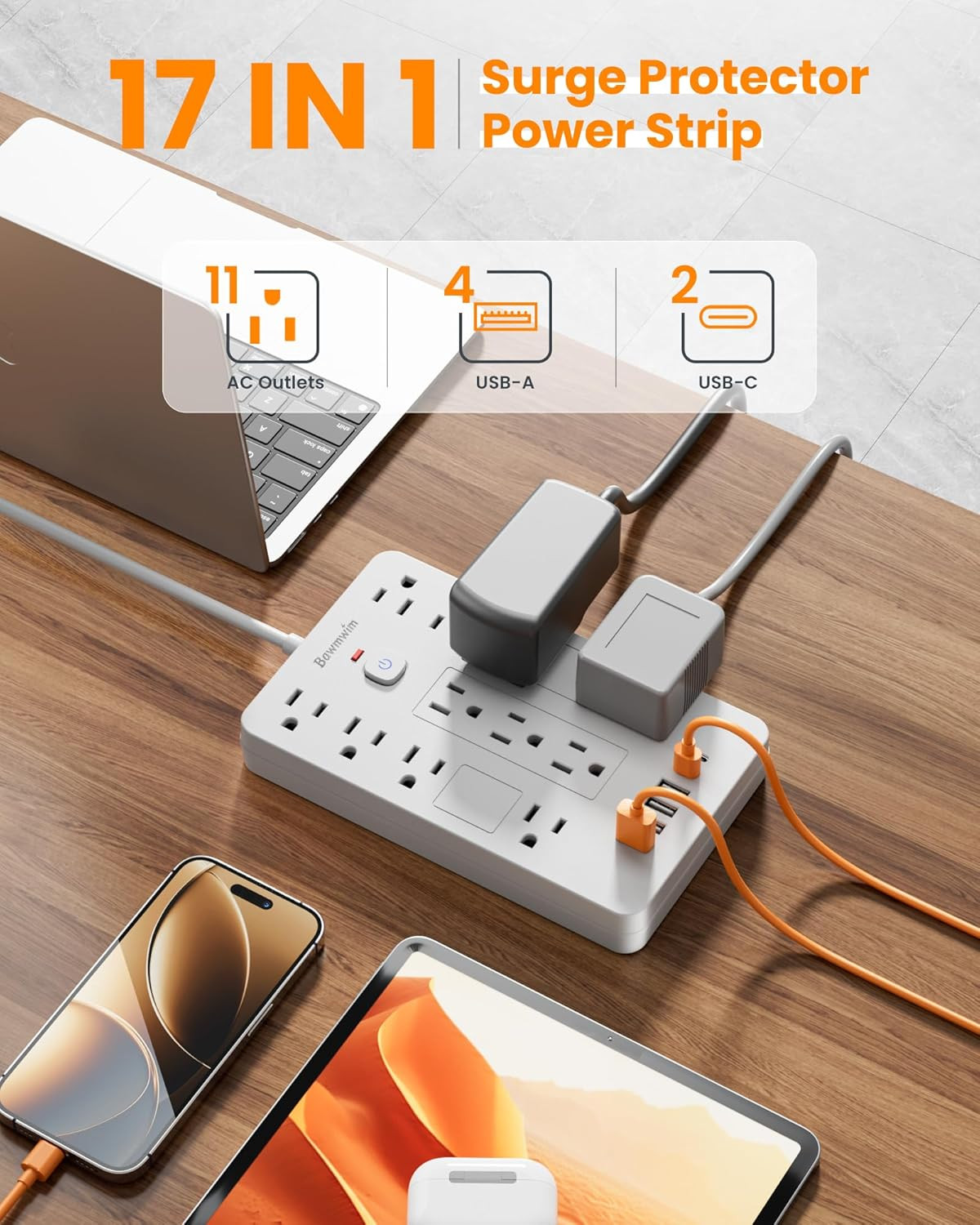 Surge Protector Power Strip - 11 Outlets(1850W/15A) with 6 USB Ports(2 USB C), 1
