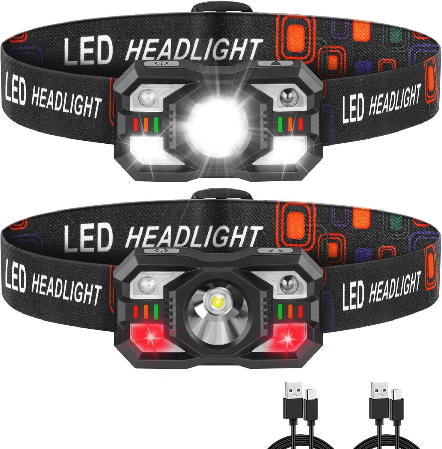2 Pack LED Lampara De Cabeza Recargable Luz De La Cabeza Linterna Para Pescar