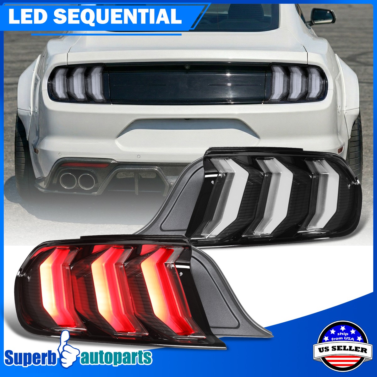 Black LED Tail Lights  For 2015-2023 Ford Mustang+Sequential Tube Brake Lamps