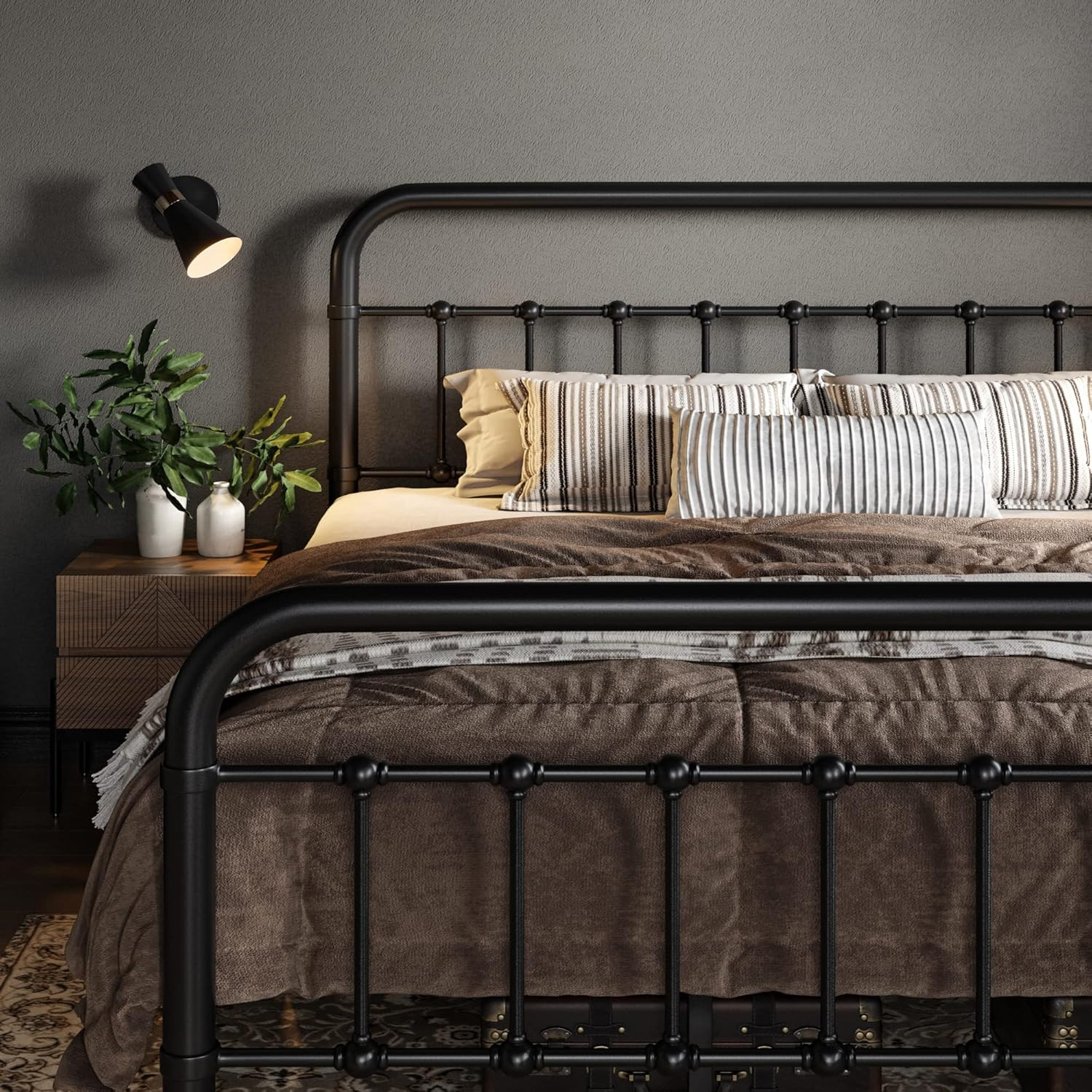 Queen Size Metal Platform Bed Frame with Victorian Style Wrought Iron-Art Headbo