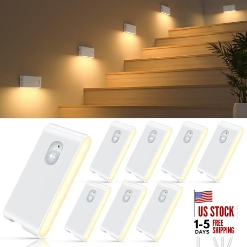 Rechargeable Night Lights, Warm Motion Sensor Night Lights, 8 Pack White