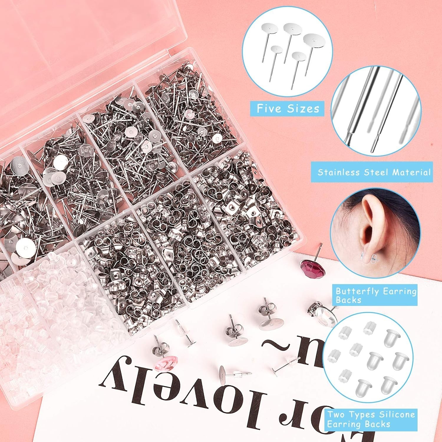 2000 Pcs Hypoallergenic Earring Posts and Backs: Studs, Butterfly, Rubber Backs,
