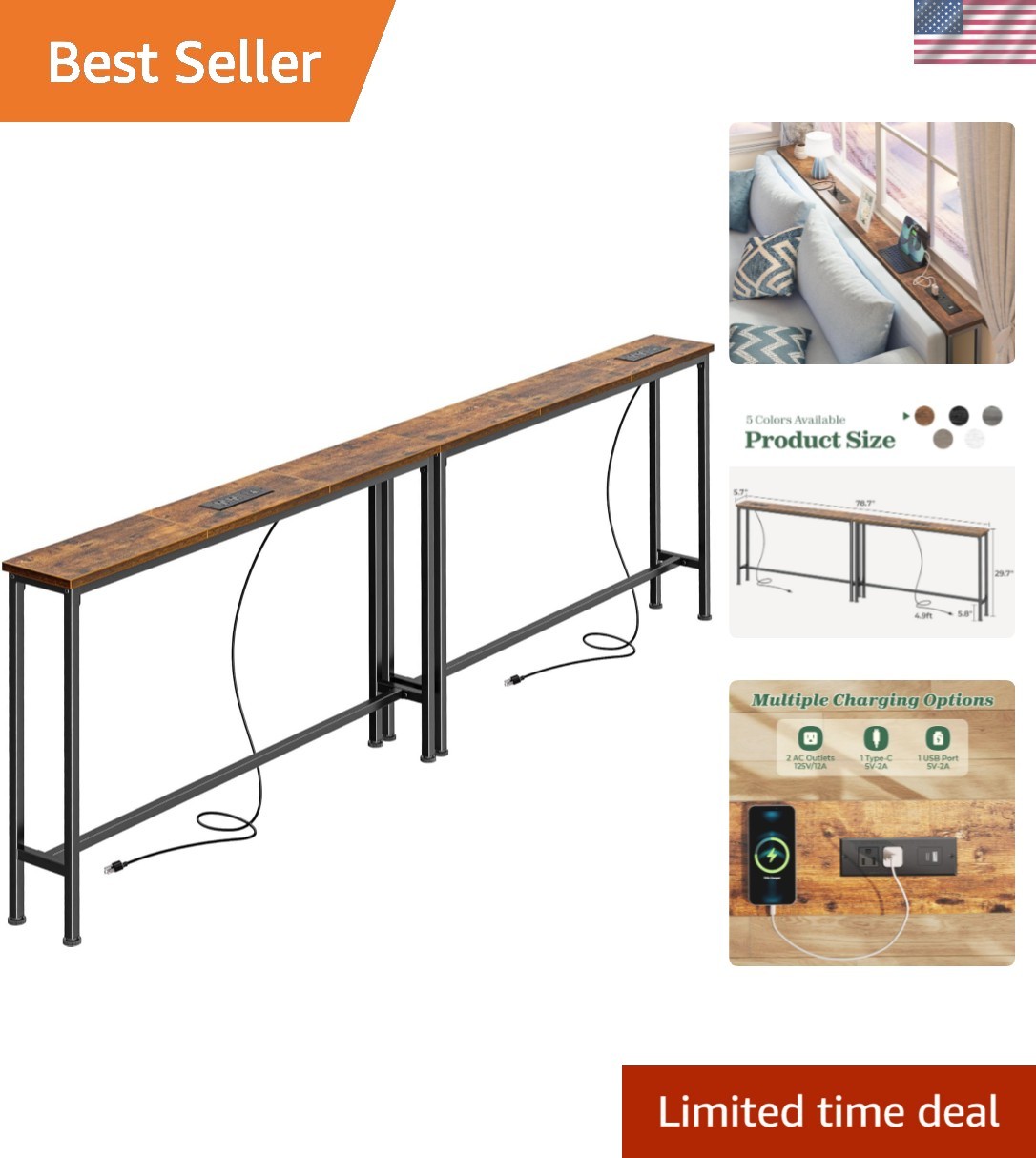 78.8 inch Narrow Console Table with Outlet, Sofa Tables, Behind Couch Table, ...