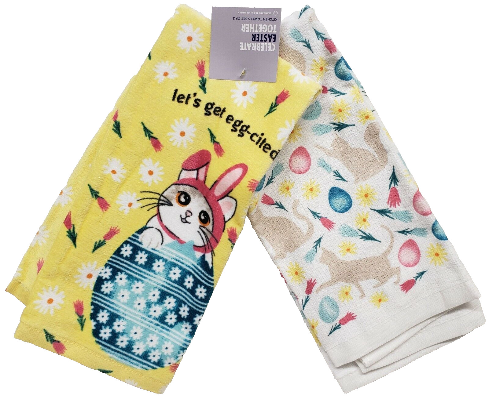2 DIFFERENT PRINTED TERRY TOWELS (16.5"x26") EASTER,CATS,LET'S GET EGG-SITED, KO