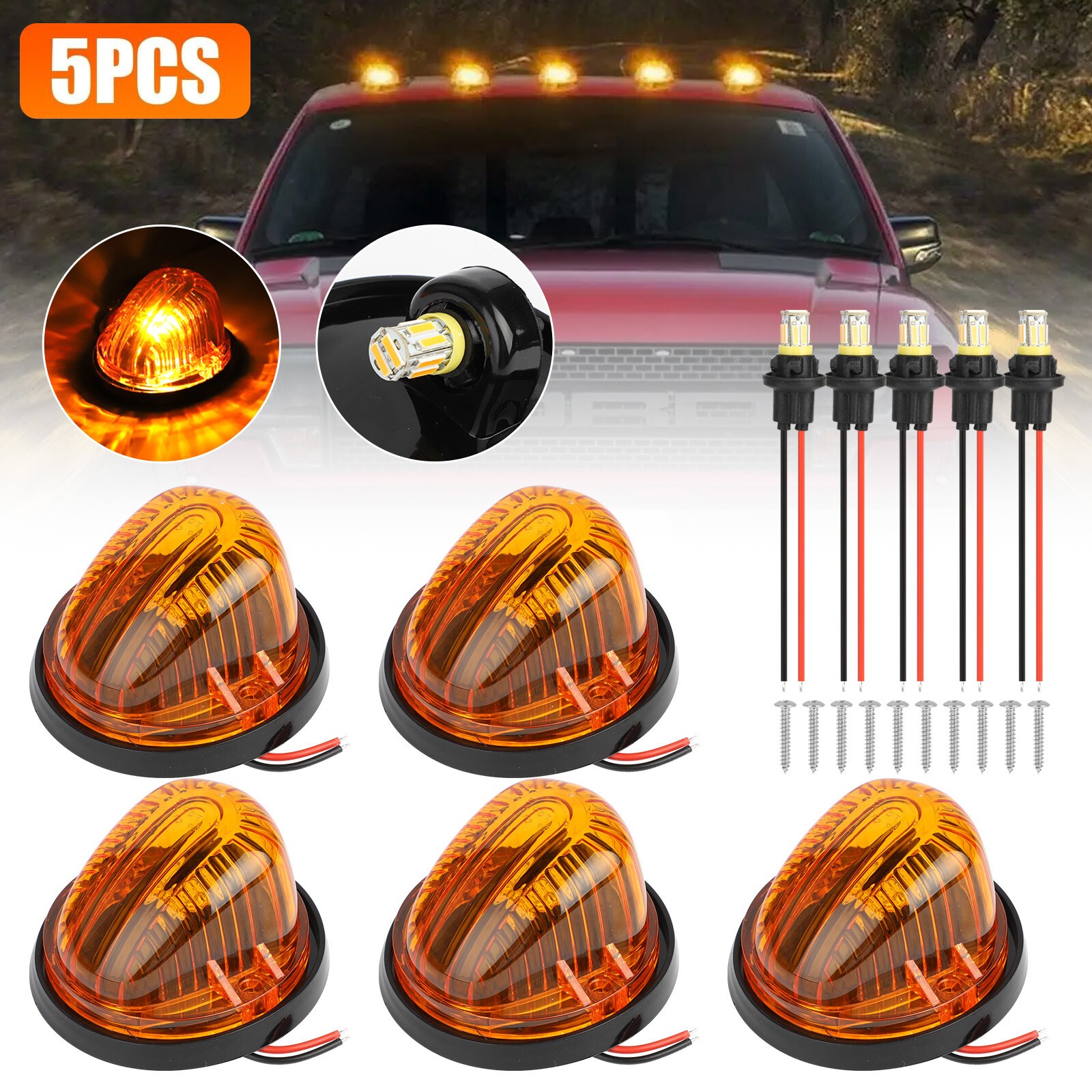 5Pcs Roof Top Cab Lights Amber Marker + 194 LED for 73-87 Chevy GMC C/K Series