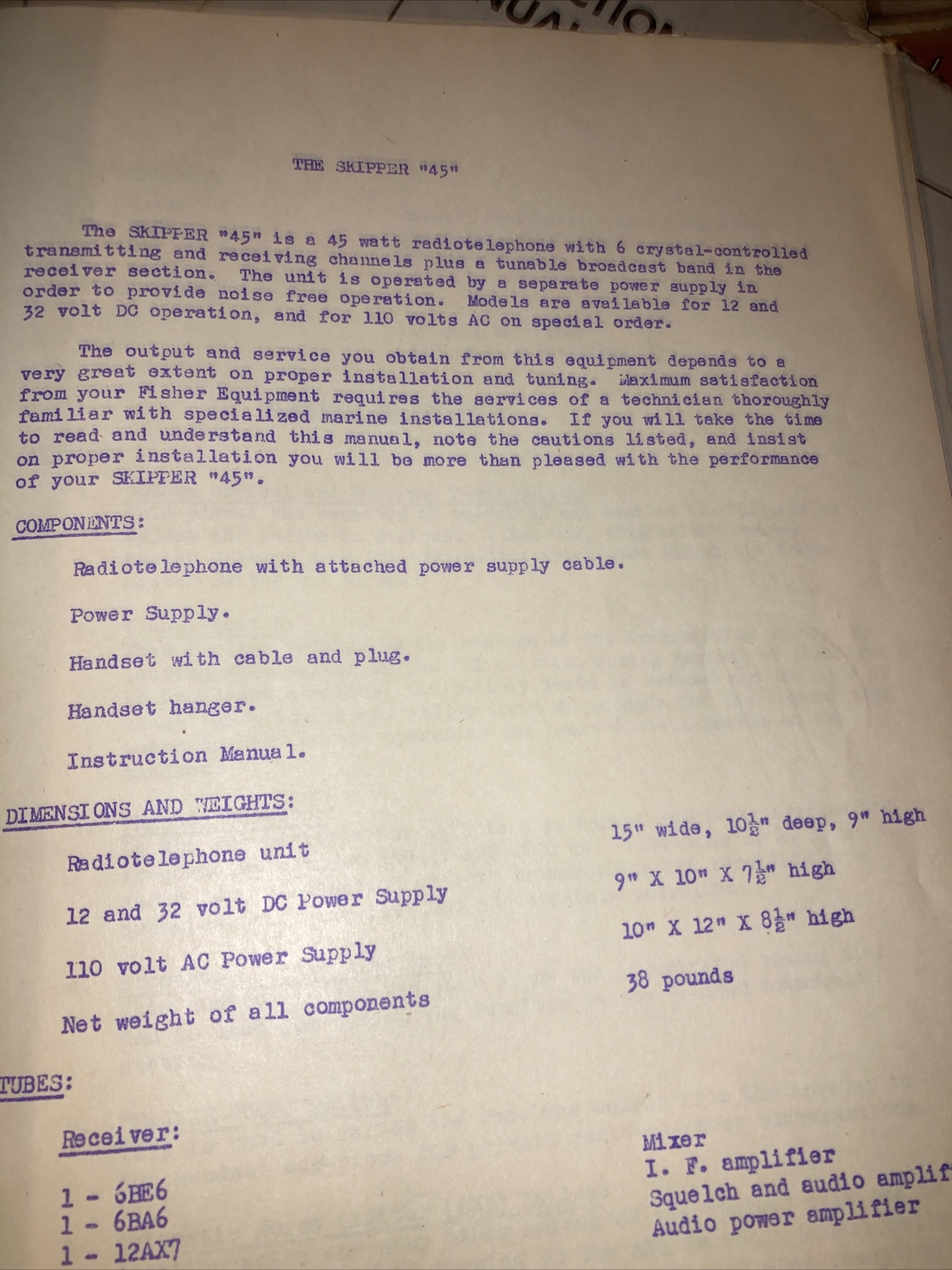 Marine Radio Telephone SKIPPER “45” Instructions Fisher Research Laboratory Inc
