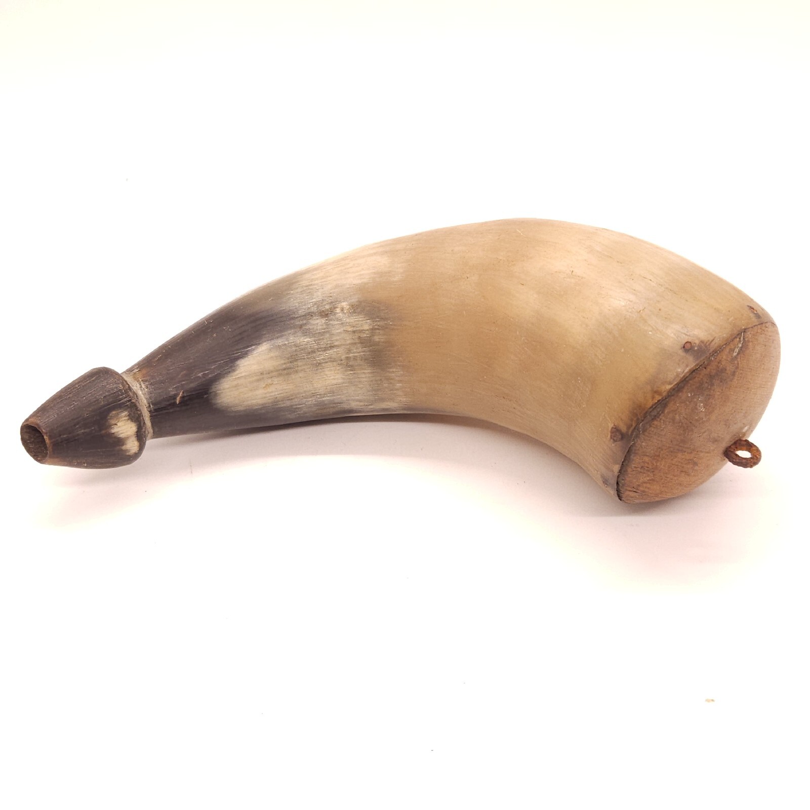 Antique Powder Horn Hand Carved Wooden Plug Round Nails And Loop Old Musket Horn