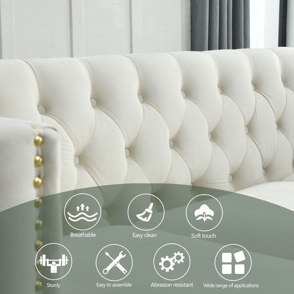 Velvet Sofa 3-Seater Tufted Chesterfield w/ Metal Legs Beige