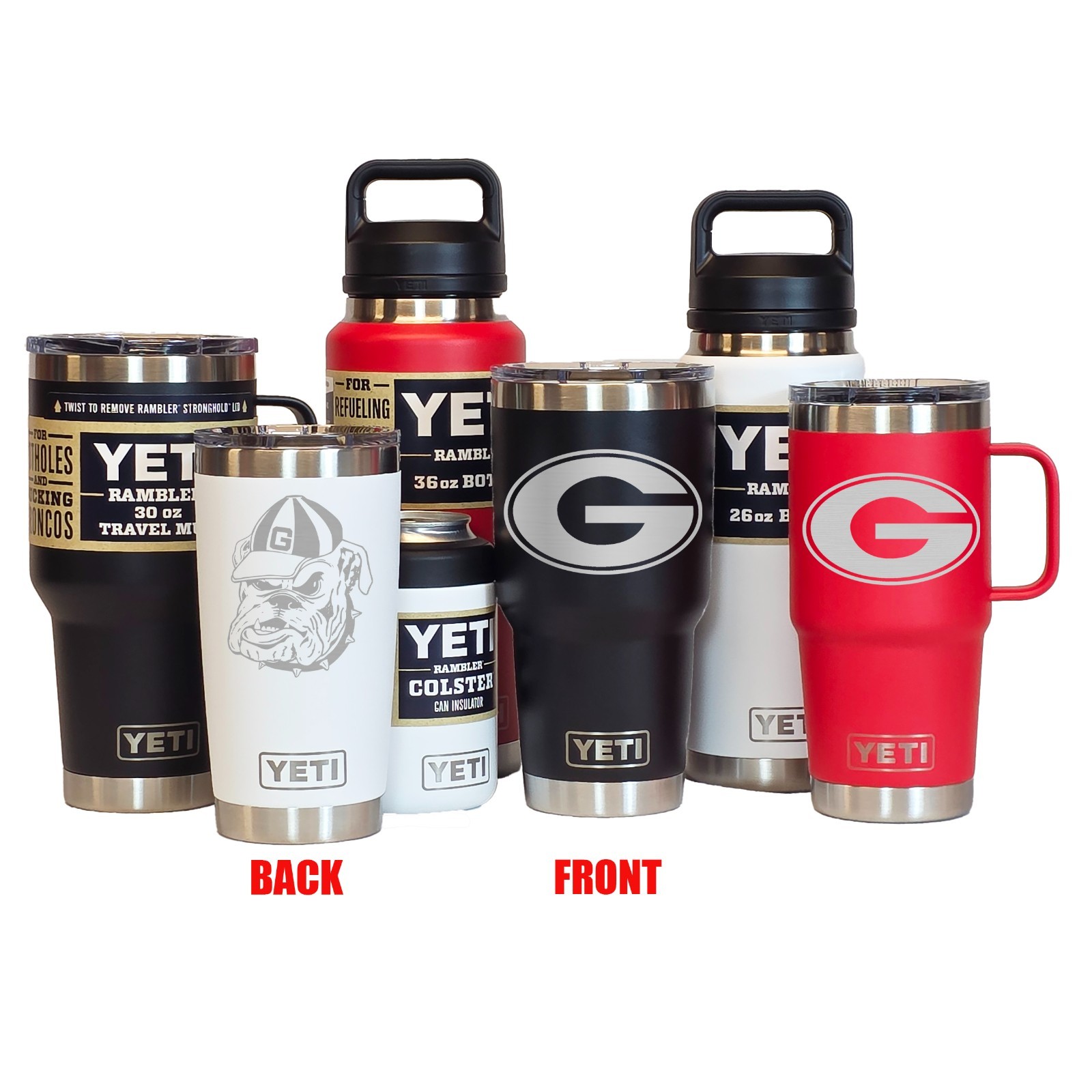 Georgia Bulldogs YETI Laser Engraved, Tumblers, Mugs, Bottles and Colsters, UGA