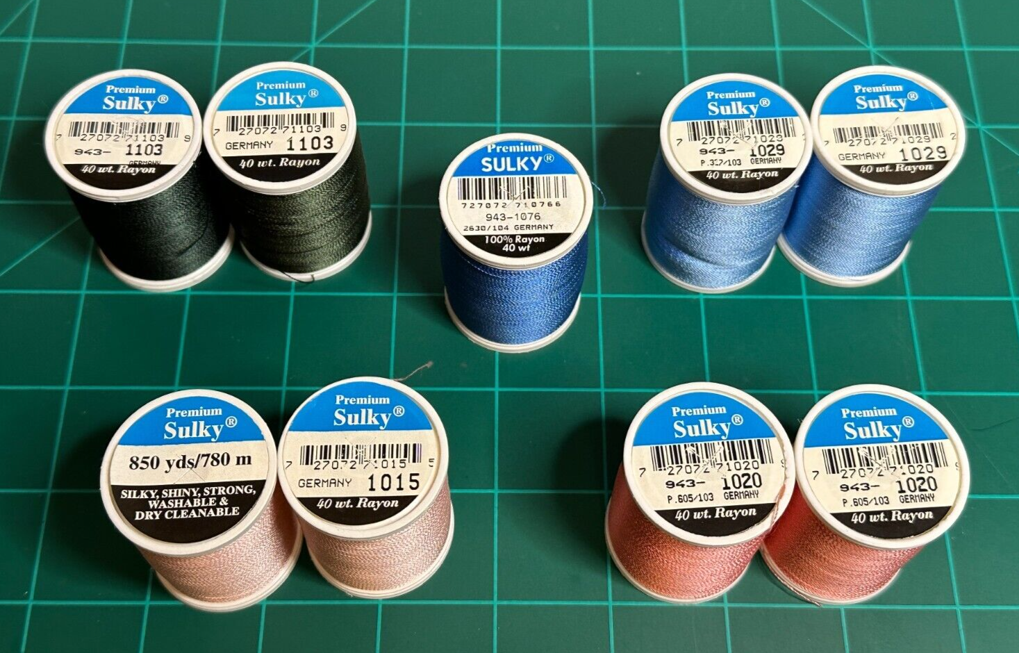 Lot of 9 Sulky Premium 40 WT Rayon Thread 850 YD Spools - Pink - Blue - Dk Green