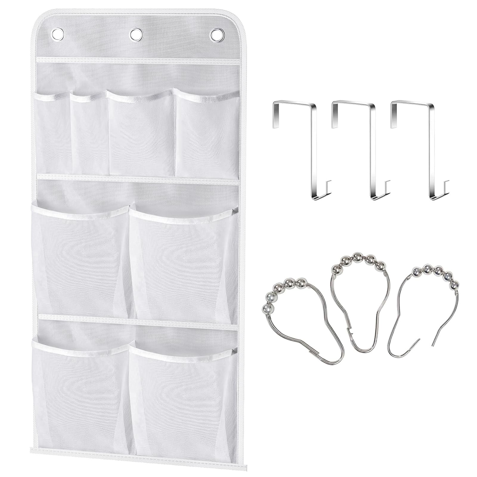 MISSLO Hanging Mesh Pockets Hold 340oz/1000ml Shampoo Shower Organizer White