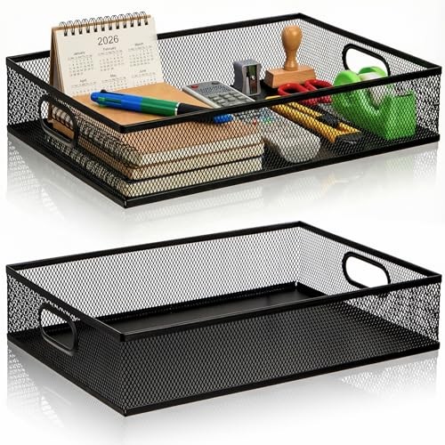 2 Pack Desk Drawer Organizer Tray, Metal Mesh Desktop Storage Tray Office