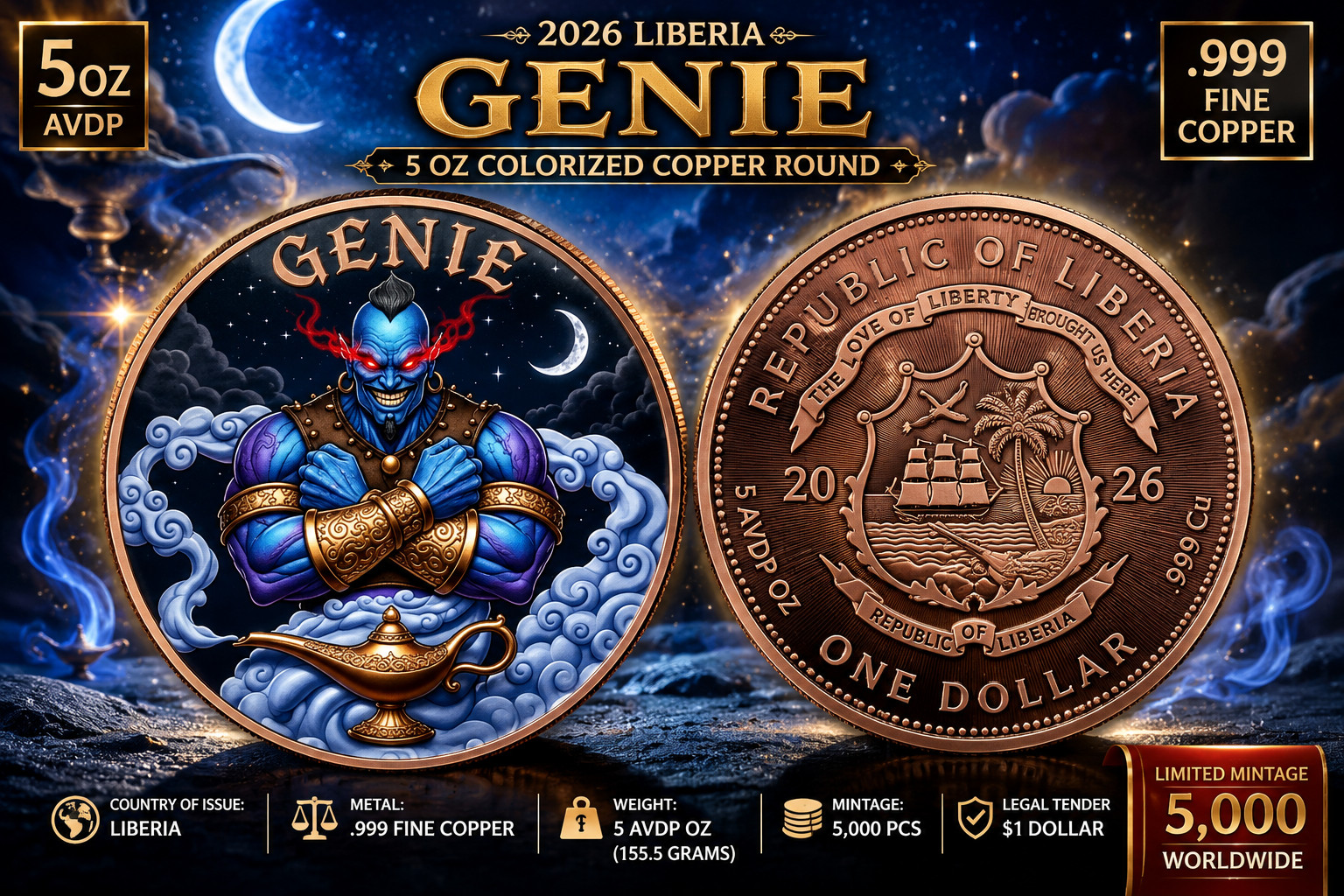 2026 Liberia Genie 5 oz .999 Fine Copper Round Colorized $1 Coin 5,000 Mintage