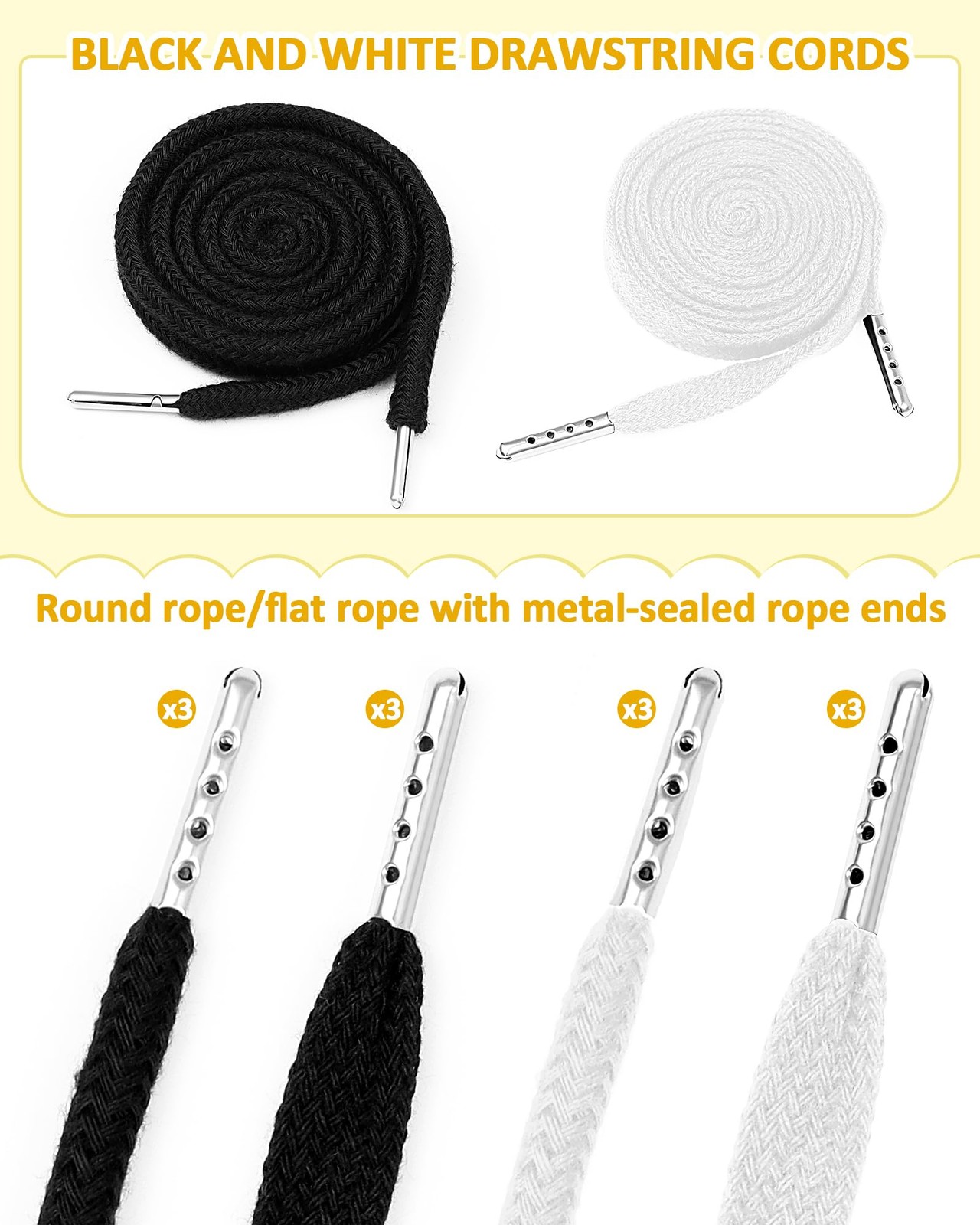 FIVEIZERO Drawstring Cord Kit-12pcs Draw Strings & 52IN, Black and White
