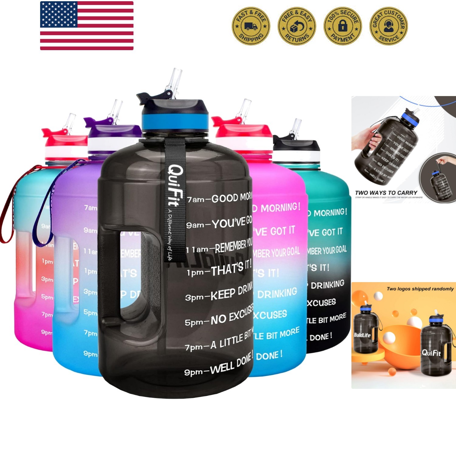 Motivational Gallon Water Bottle - with Straw & Time Marker BPA Free Large Re...