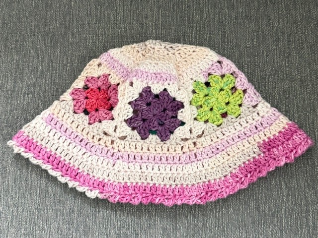 HANDMADE Crochet Granny Square 100%COTTON YARN colorful Bucket Hat Toddler 1-4 y