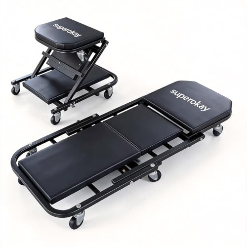 2-in-1 Folding Creeper Seat, 40-Inch Professional Mechanic Cart with 6 40 inch