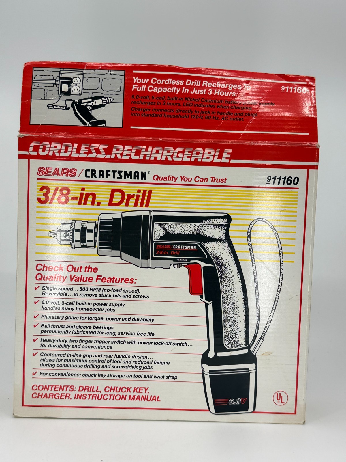 Vintage Sears Craftsman Cordless 3/8” Drill 6.0 Volt +Battery+Charger NEVER USED