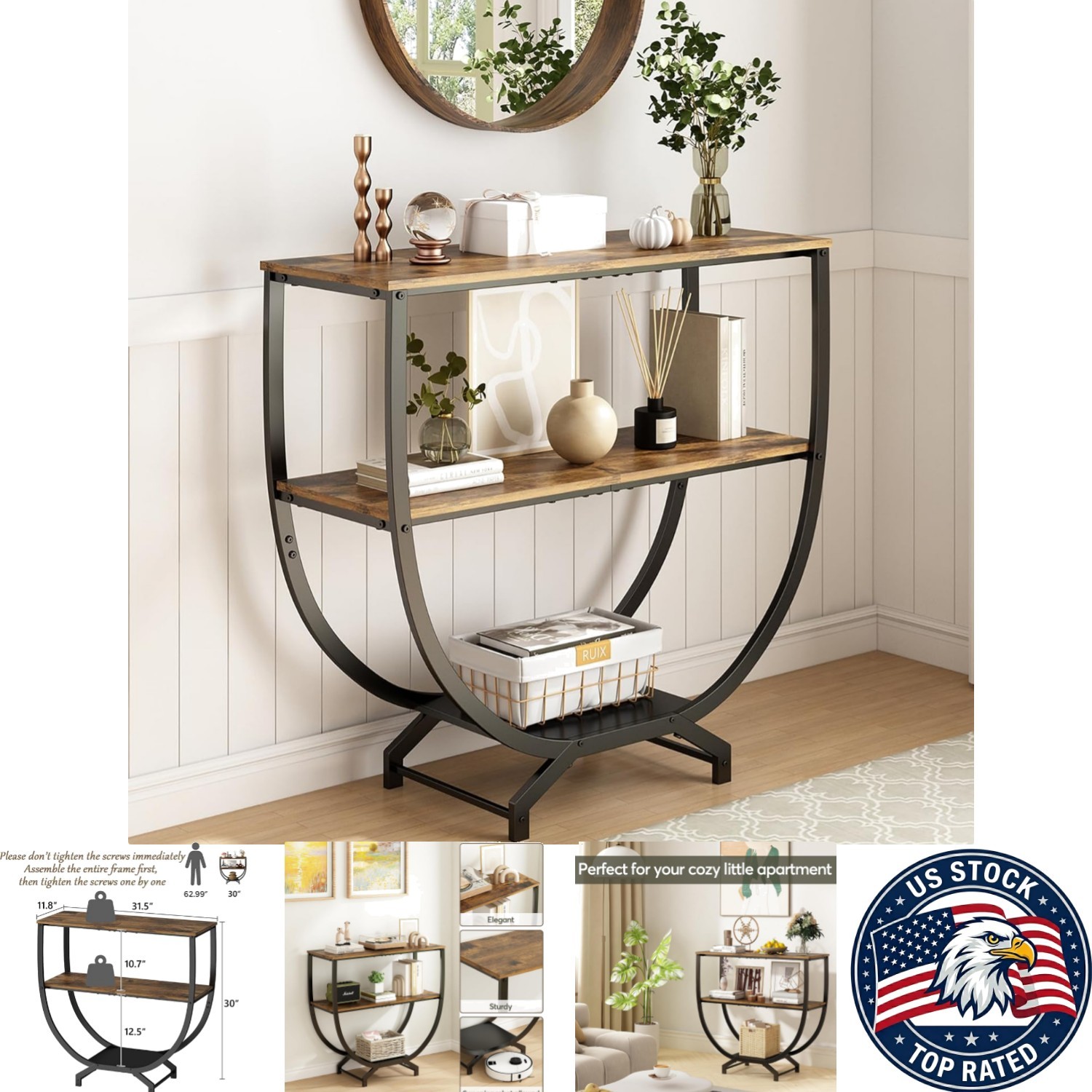 3-Tier Rustic Industrial Console Table, 30" with Easy Assembly for Living Rooms