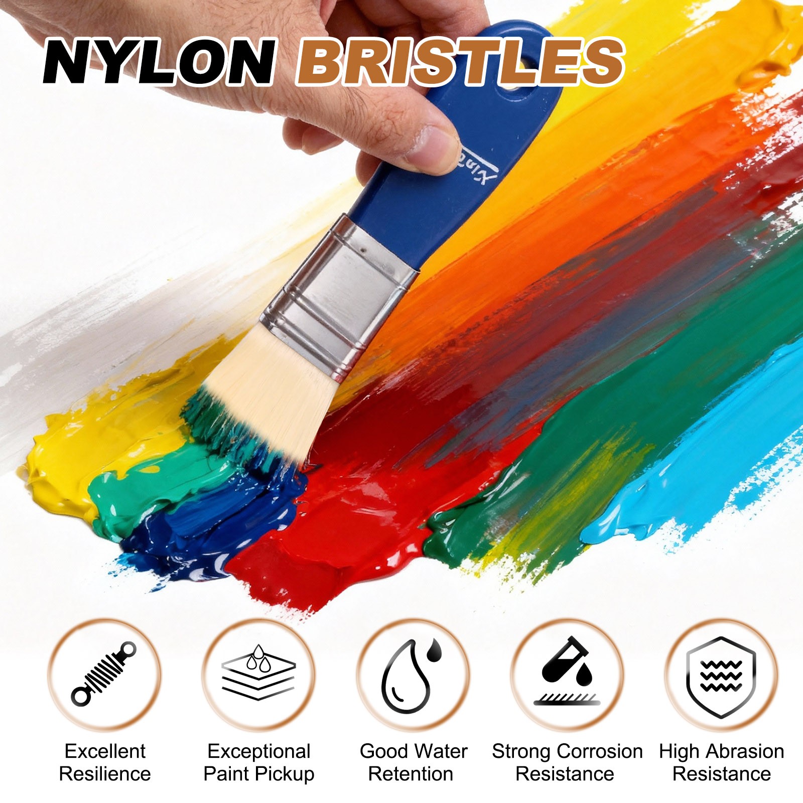 1" Width Flat Paddle Paint Brush Nylon Bristle Painting Brushes Black