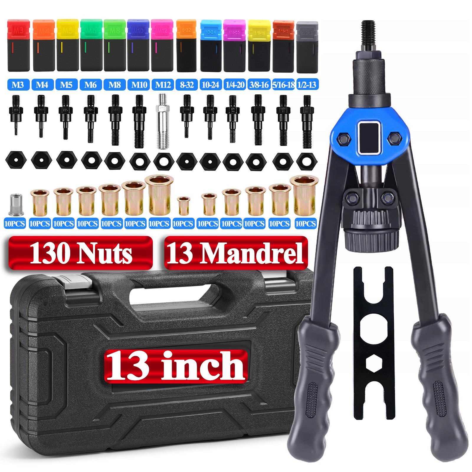 13'' Rivet Gun Rivnut Thread Setting Tool Nut Setter NutSert Metric&SAE 130 Nuts