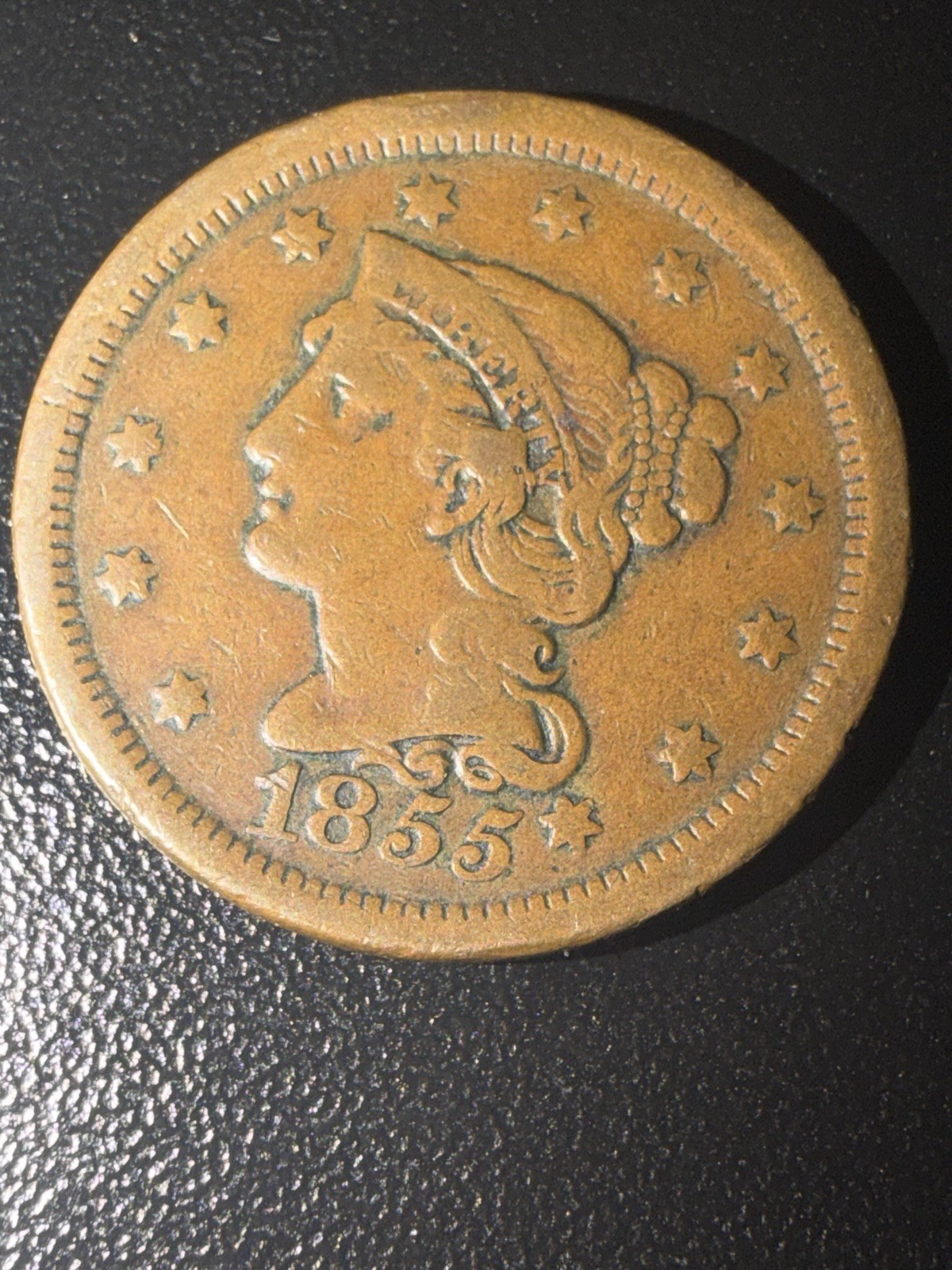 1855 Knob On Ear Slanted 55 5’s Large Cent VG/F