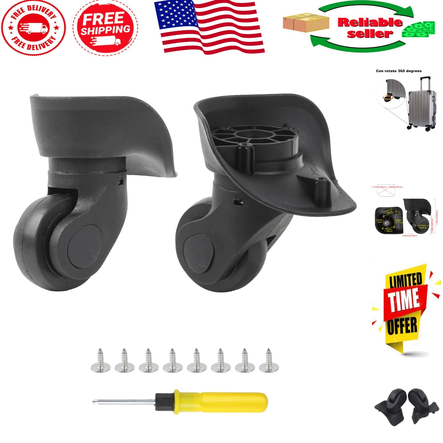 Advanced Swivel Luggage Wheels - Black Replacement Caster Wheels for Suitcases