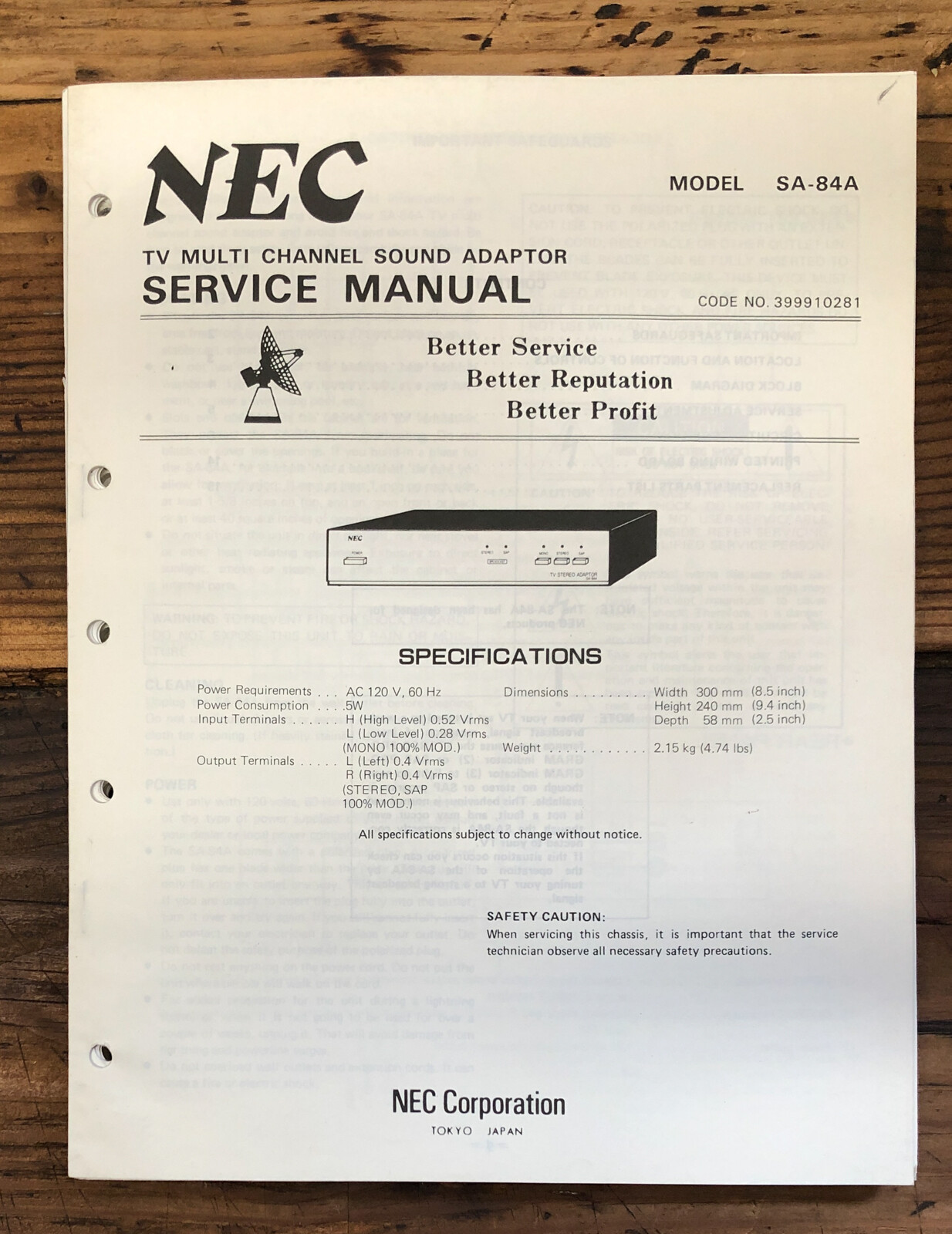 NEC SA-84A Sound Adaptor  Service Manual *Original*