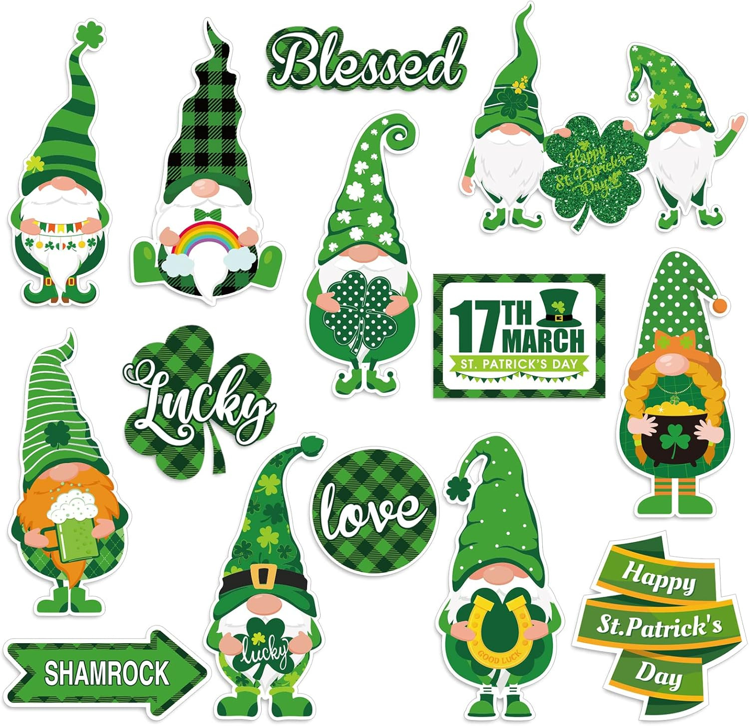 St. Patrick's Day Gnome & Shamrock Cutouts for Classroom & Party Decor, 42 Pcs