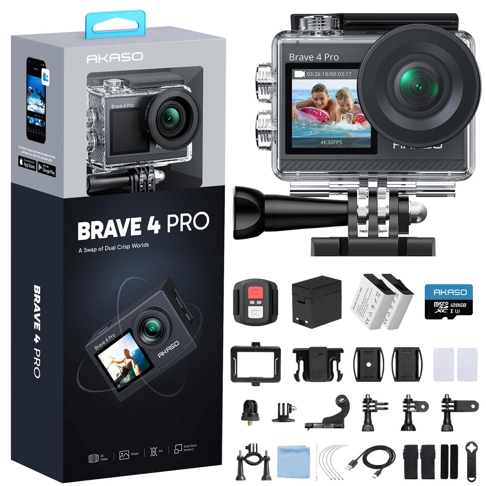AKASO Brave 4 Pro 4K30 Action Camera with 128GB MicroSD U3 Card, 131FT Gray