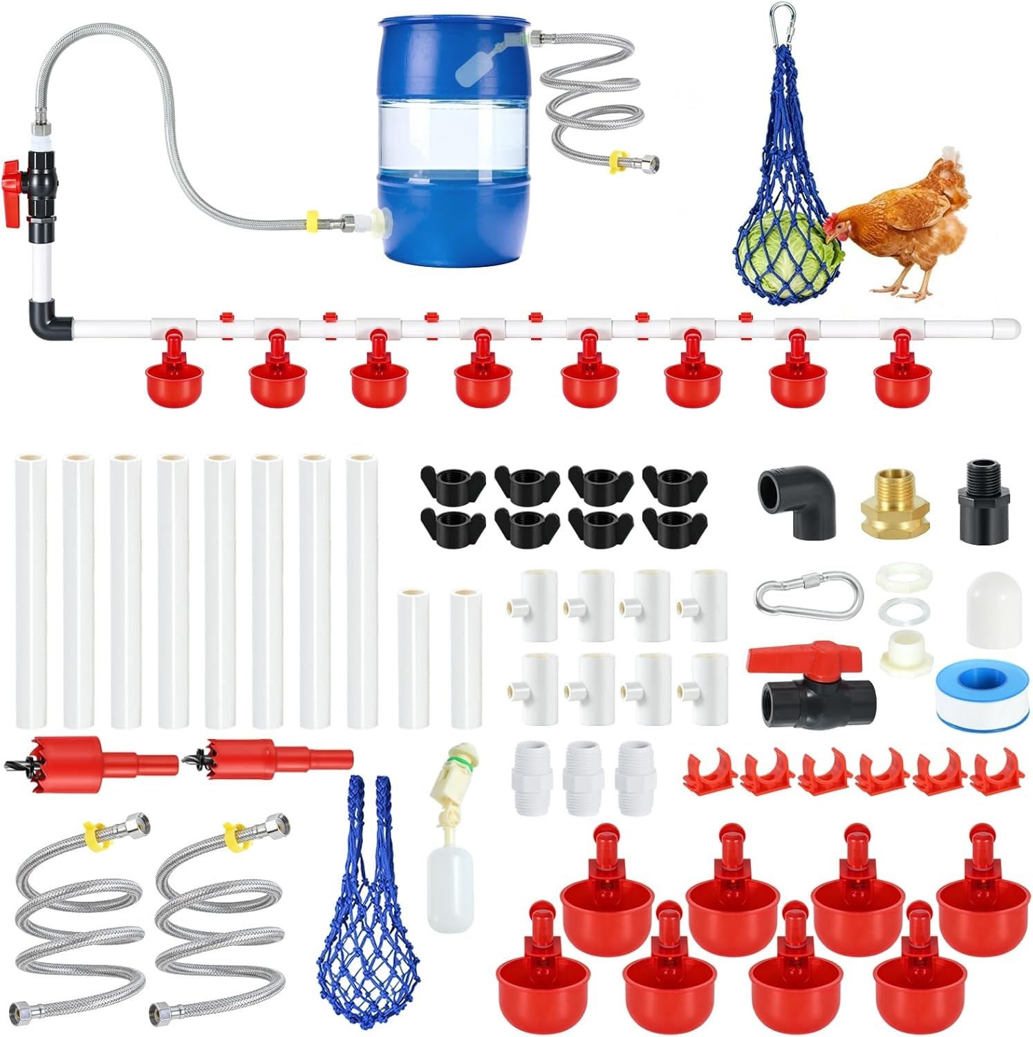 57 Pcs Automatic Chicken Waterer System Set, Chicken Watering System Kit with 8