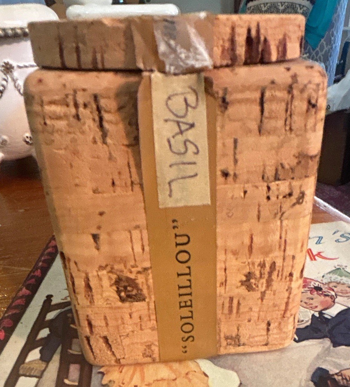 Cork Square Herb Jar with Lid, Brown Text Pattern “Basil Provence” France
