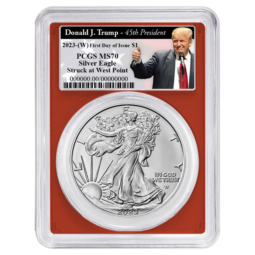 2023 (W) $1 American Silver Eagle PCGS MS70 FDOI Trump 45th President Label Red