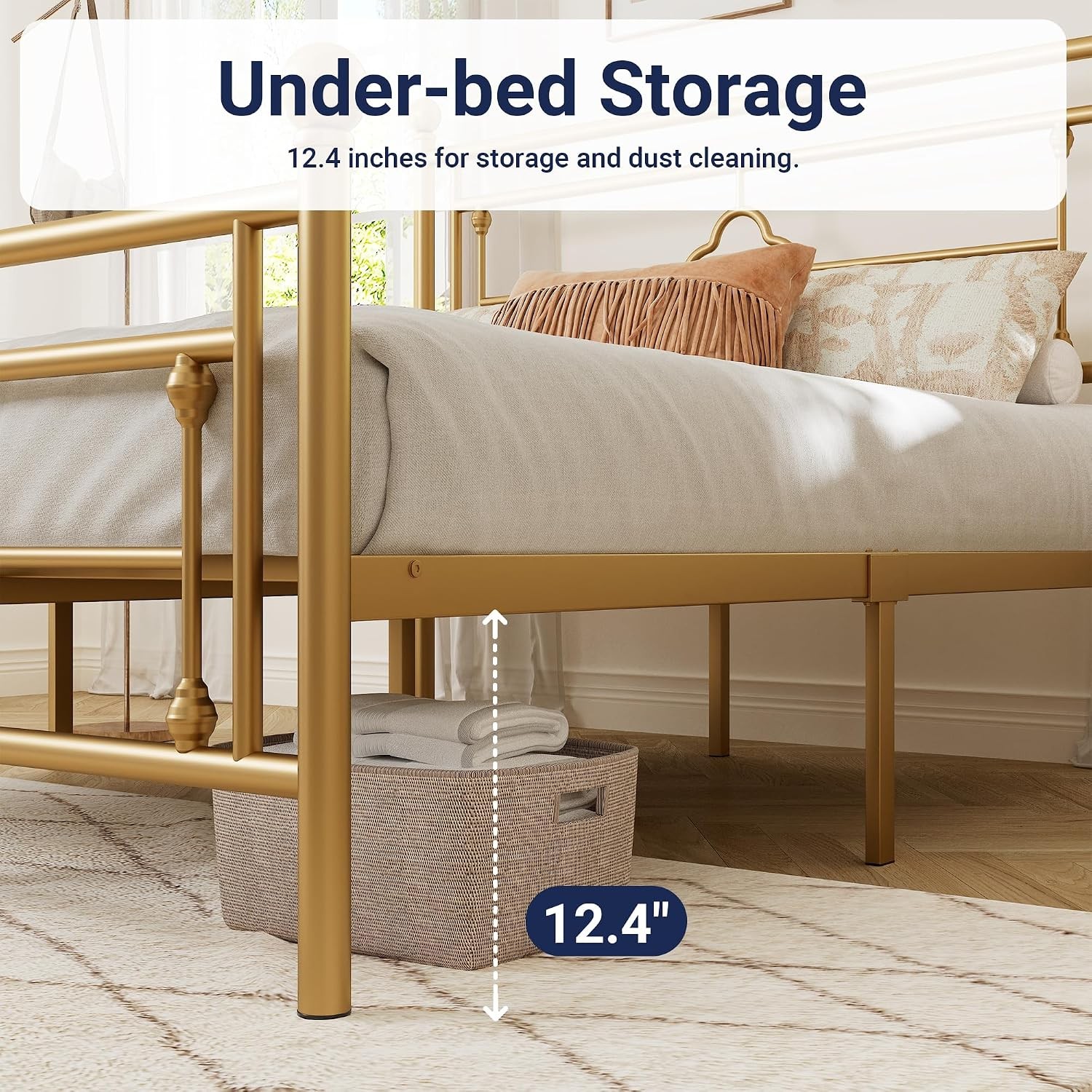 Queen Size Metal Platform Bed Frame Victorian Headboard Gold | Heavy Duty Metal