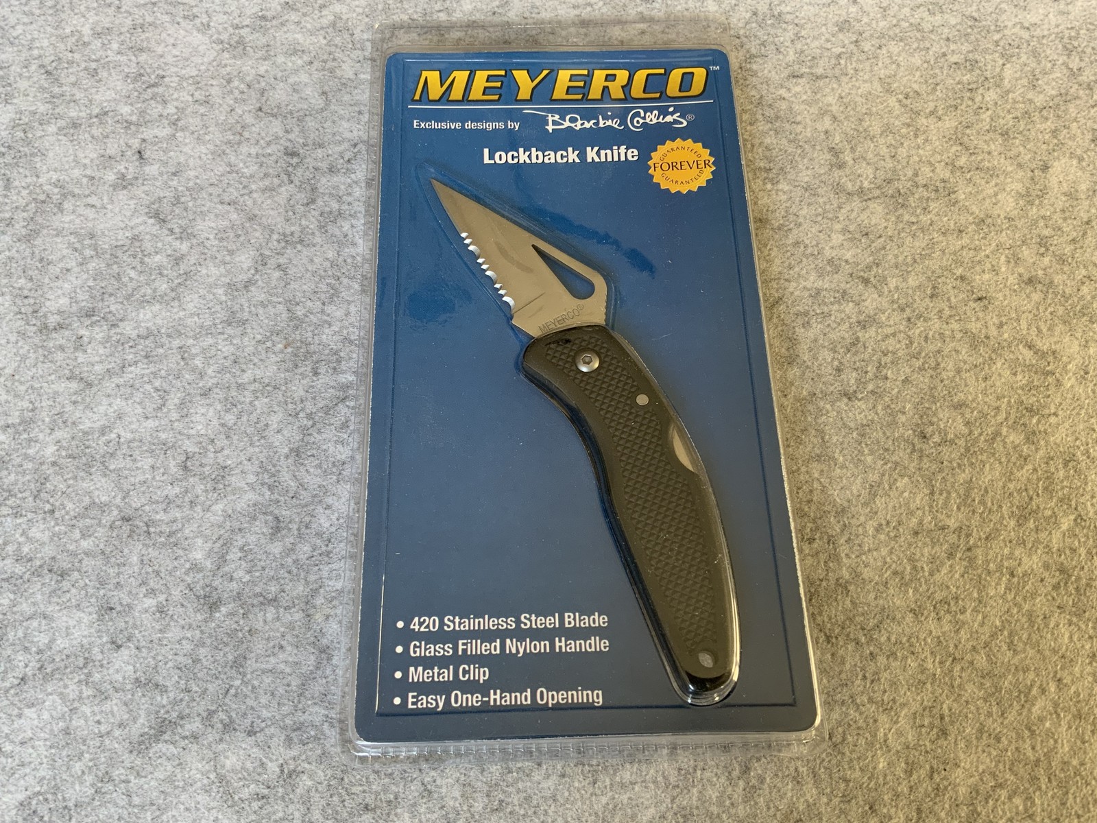 Meyerco Blackie Collins Lockback Knife Serrated 420 Blade One-Hand Opening Black