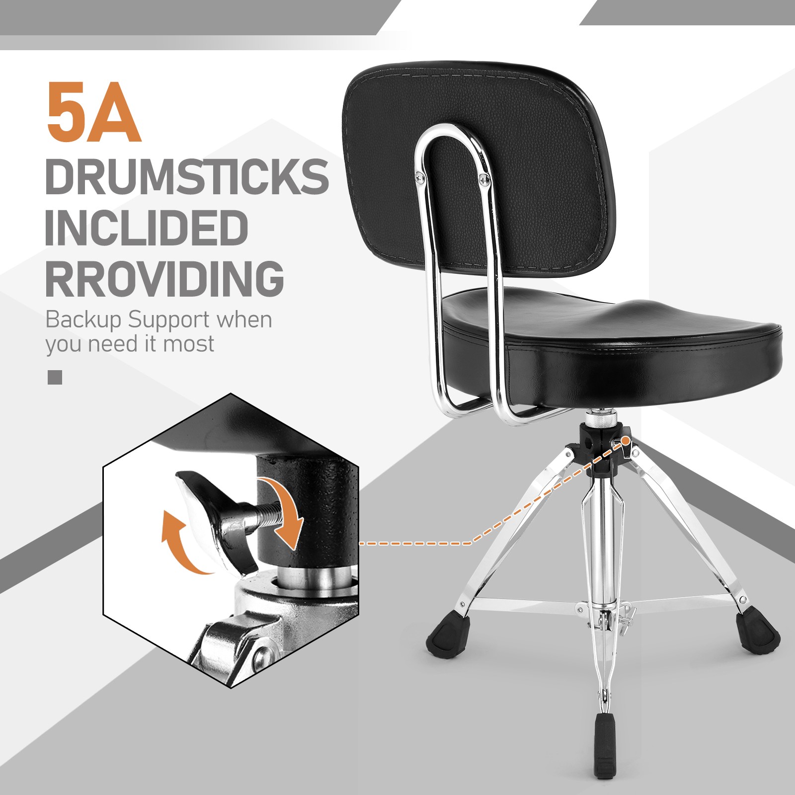 Drum Throne with Backrest, Drum Stool Adjustable Height With 5A Drumstick