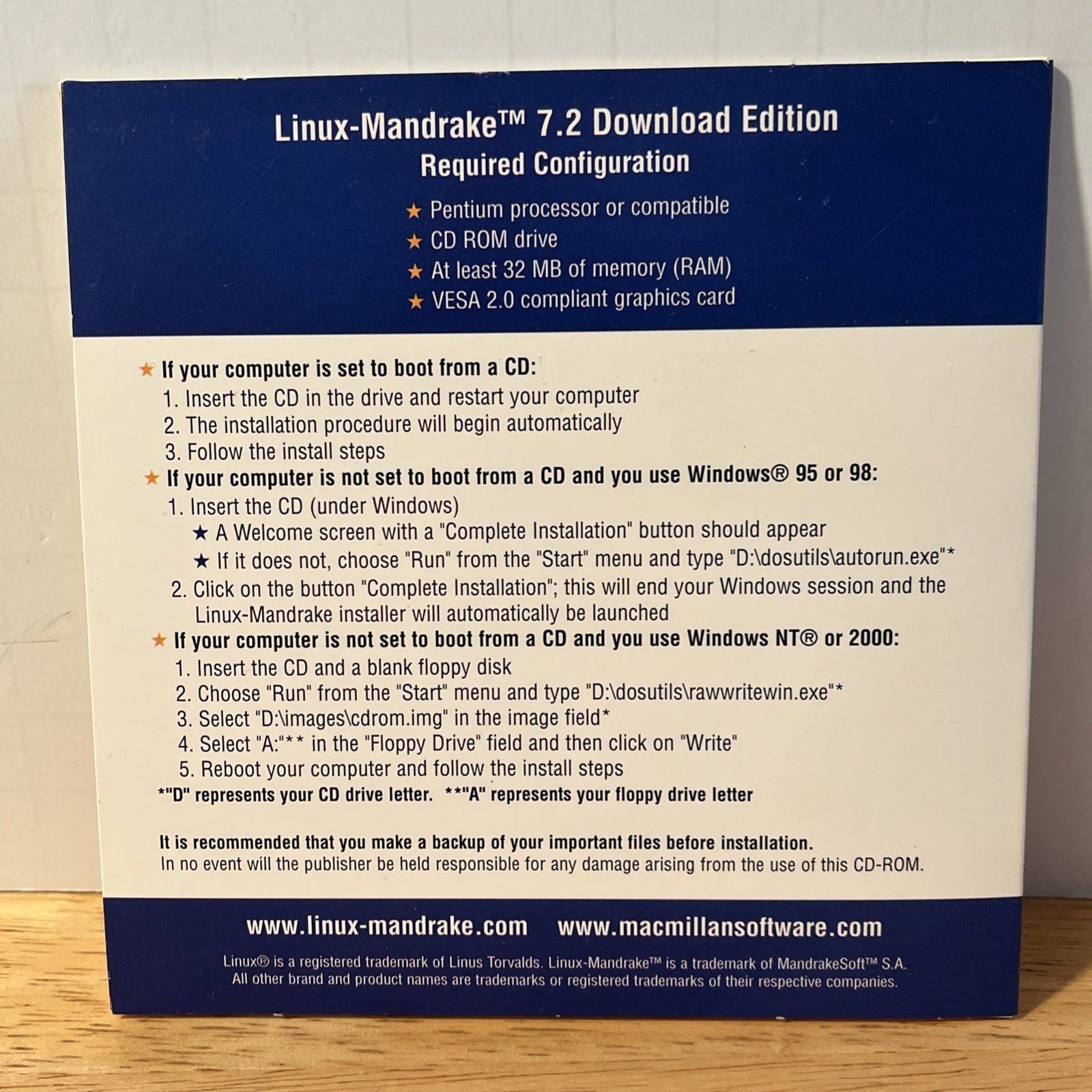 Linux-Mandrake Operating System OS 7.2 Software CD Download Edition