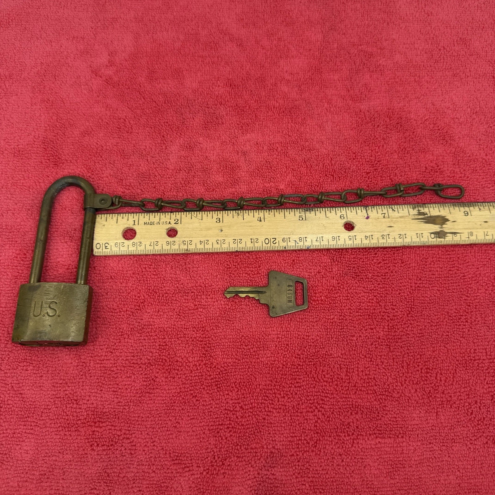 Vintage U.S. Military Brass Padlock , Chain & Key American Lock Co. USA 6460H