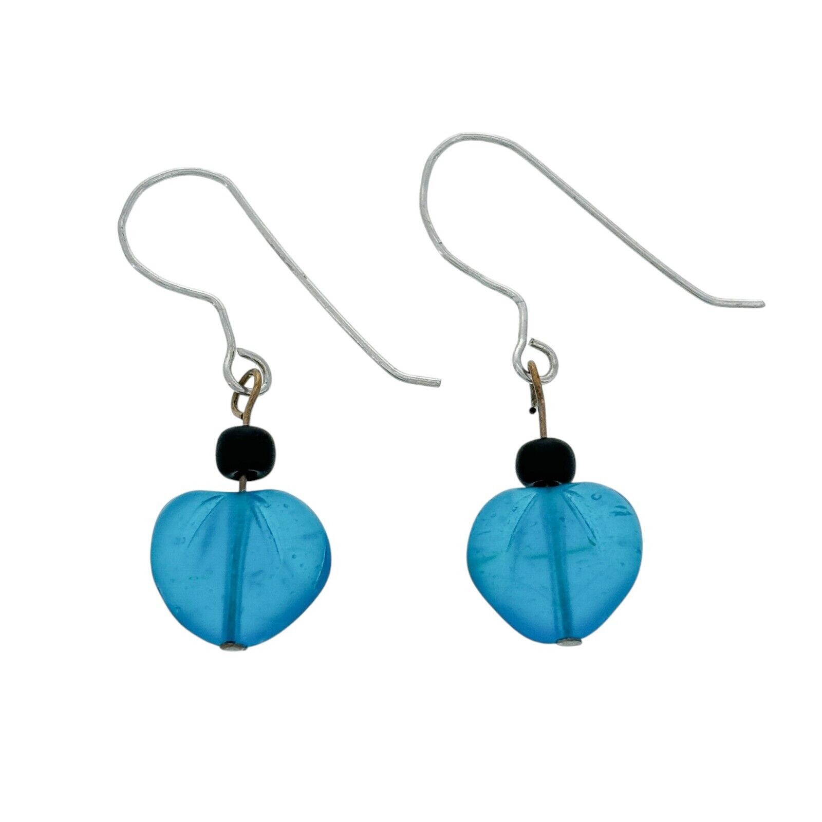 Estate Silver-Tone Blue Sea Glass Heart Dangle Earrings
