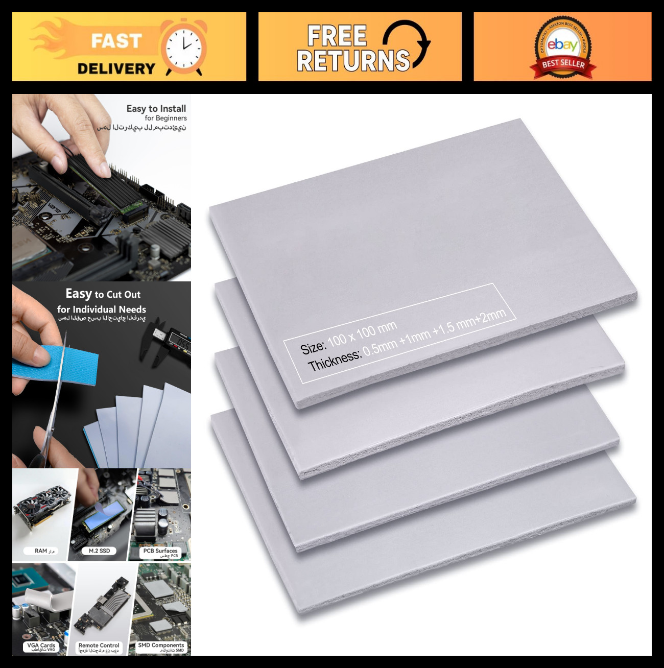 4 Pack Thermal Pads 13 W/m.K Silicone Cooling Pads 100x100mm Non-Conductive Heat