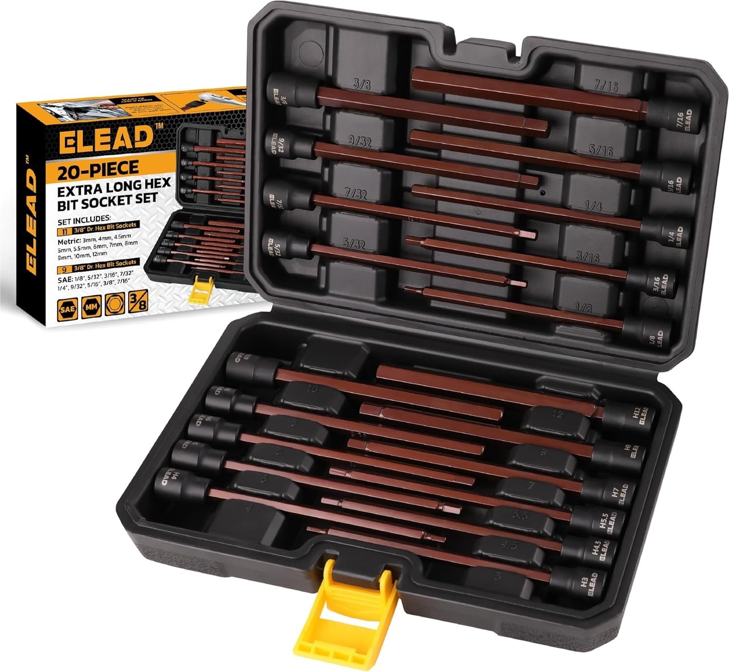 Extra-Long Allen Hex Bit Socket Set: 20-Piece 3/8 Inch Drive, S2 Steel, Standard