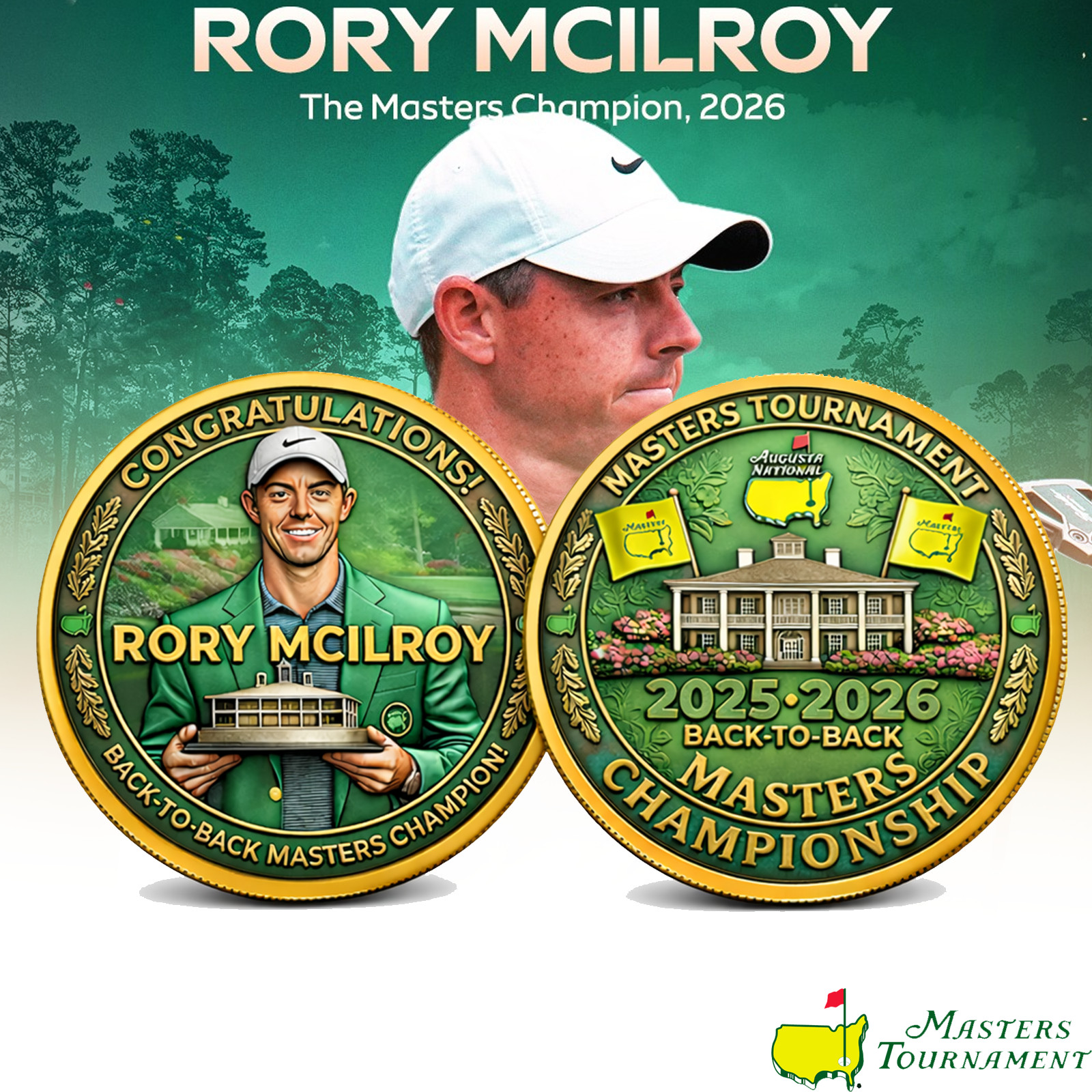 Rory McIlroy 2025 2026 Masters Champion Back to Back Commemorative Golf Coin