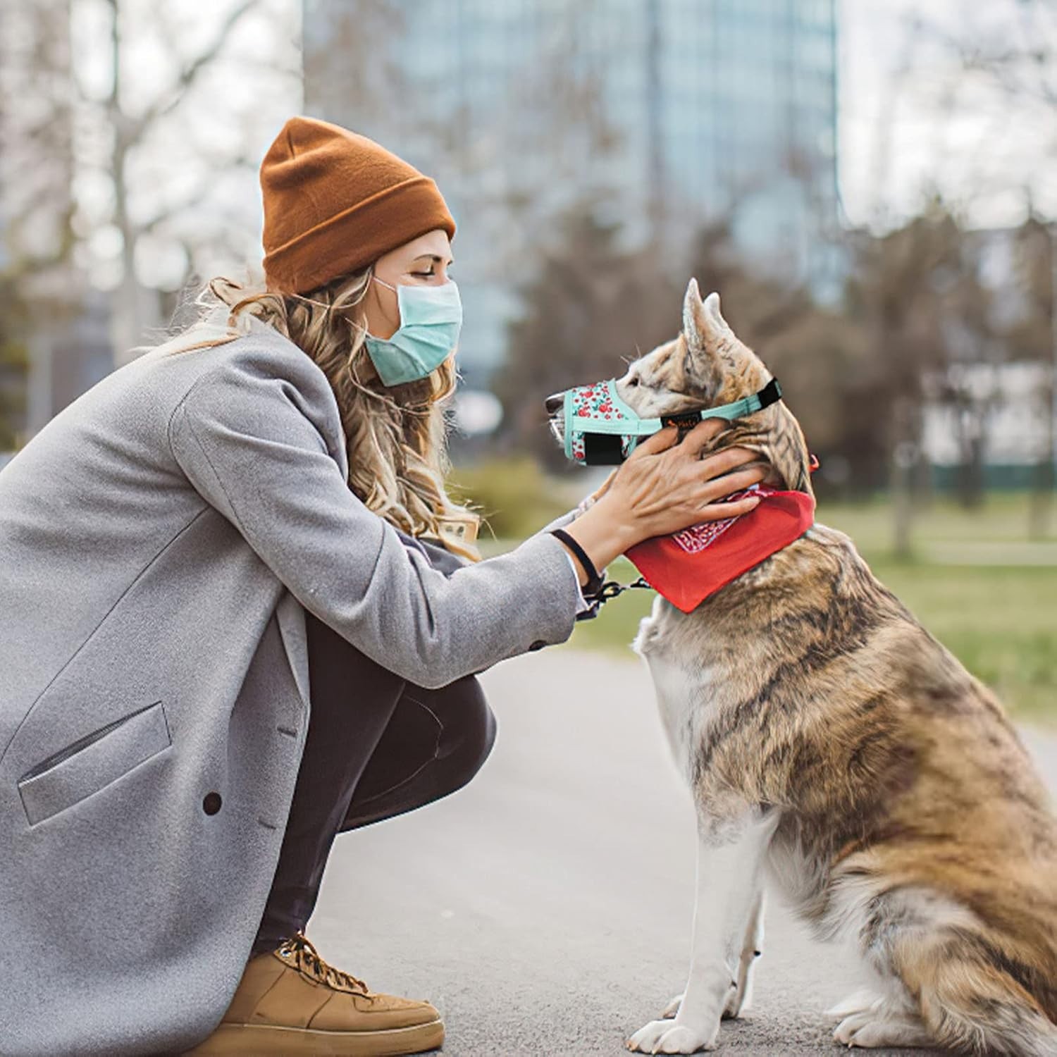P-Cyan Flower Adjustable Dog Muzzle - Anti Biting, Breathable Mesh for Size M