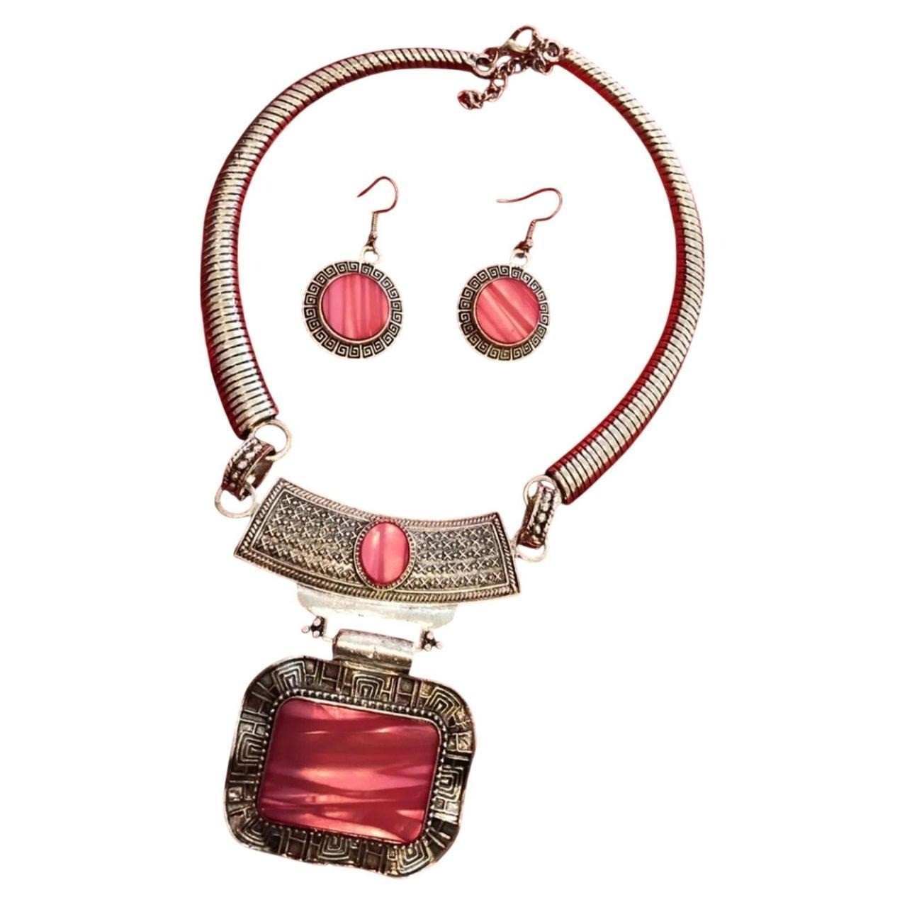 Boho Pink Stone Antique Silver Statement Necklace and Earrings Jewelry Set
