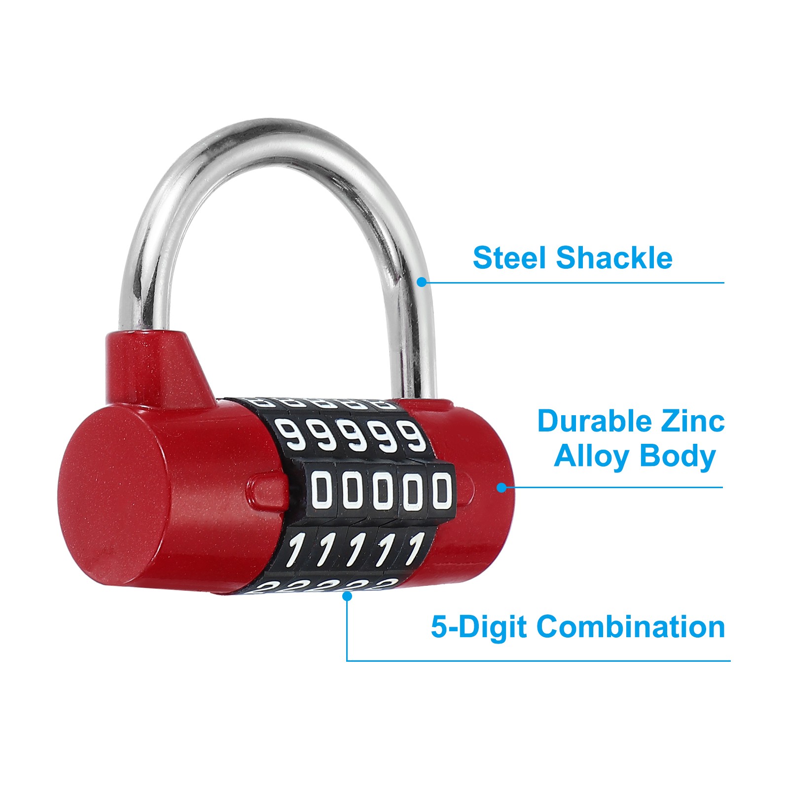 5 Digit Gym Combination Block, Red Galvanized Lock