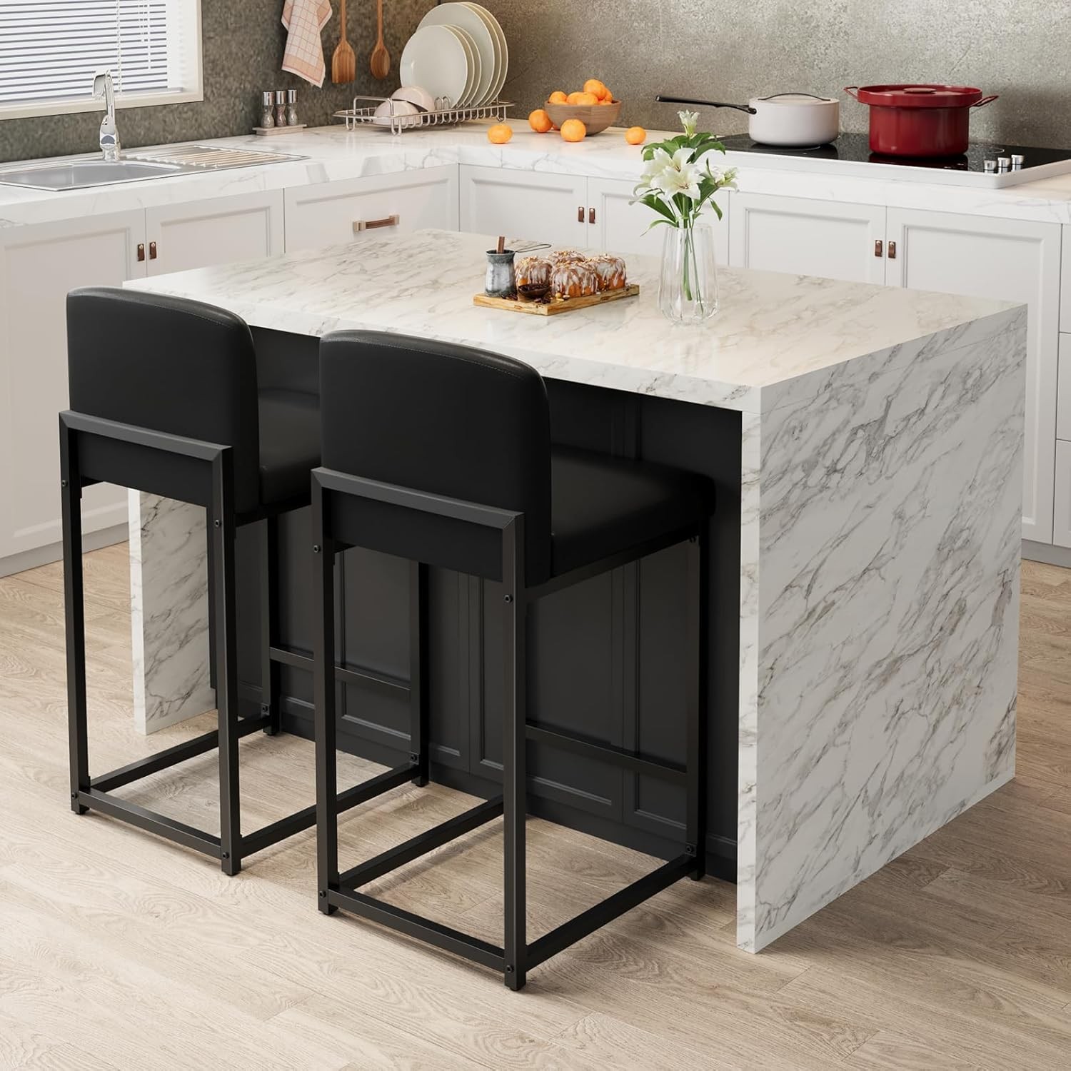 24.8'' Bar Stools Set of 2 Leather Counter Height w/ Back &Metal Frame, Non-Slip