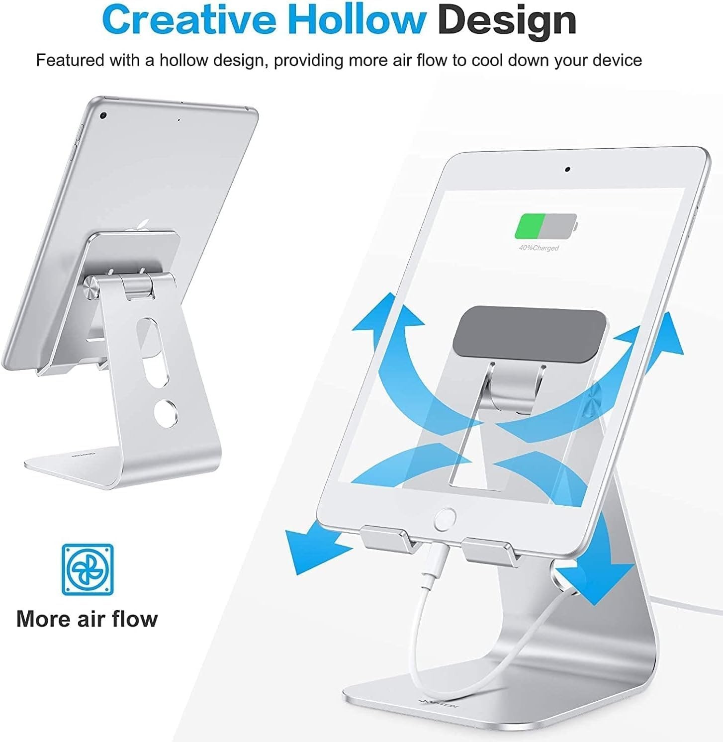 Adjustable Tablet Stand for Desk with Hollow Design & Enhanced Stability, Silver